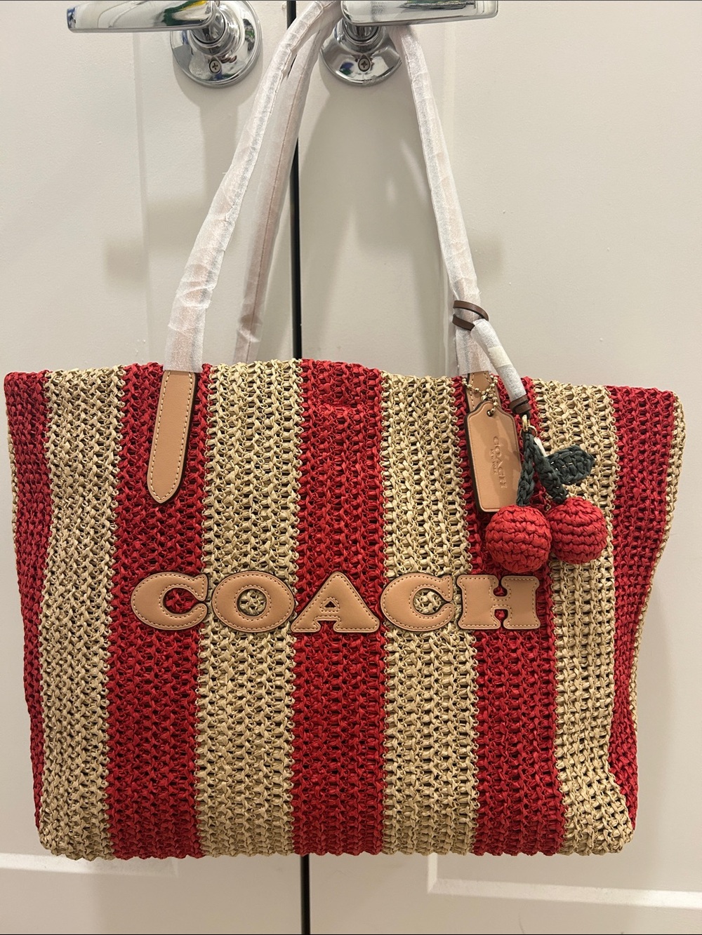 Coach (NWT) City Tote Bag With Stripes And Cherry Charm - Picture 1 of 16